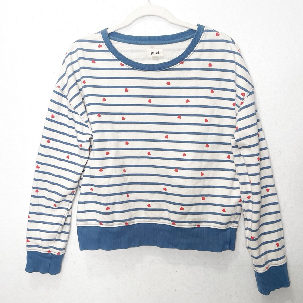 Pact Blue and White Striped Sweatshirt with Red Accents